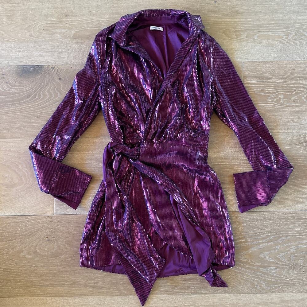 Mistress Rocks - Sequin Shirt Long Sleeve Mini Dress in Grape Purple
